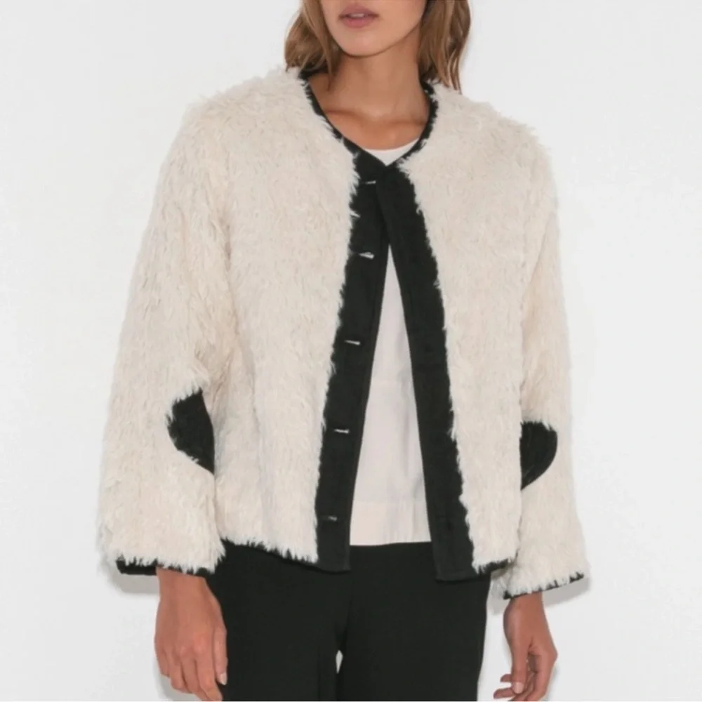 Caron Callahan Tommy Reversible Cropped Jacket Ivory Faux Fur Black Linen Wool M